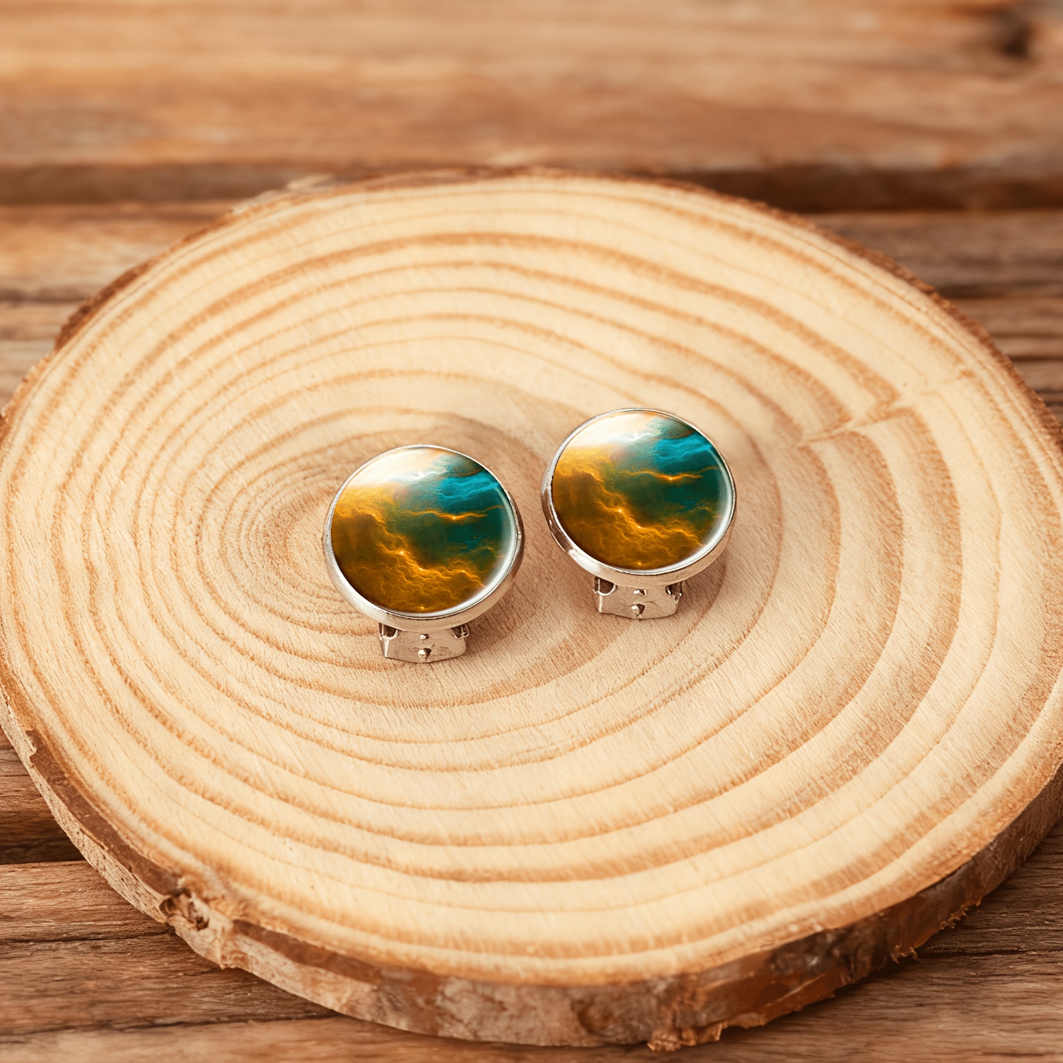 2pc No-Piercing Round Glass Earrings Set, Colorful Pattern
